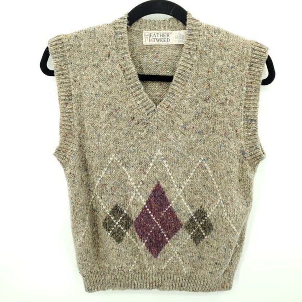 VTG Heather & Tweed Argyle Print V-Neck Sweater Vest L Tan/Brown